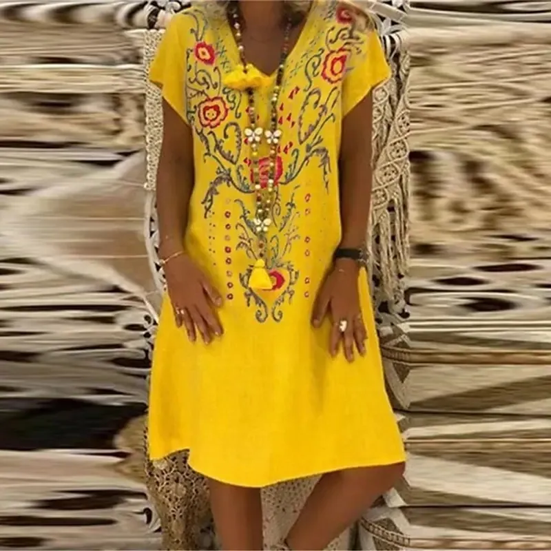 여름 여성의 아름다운 인쇄 된 그림 드레스 v 넥 아웃 부크 드레스 느슨한 캐주얼 무릎 길이 플러스 사이즈 탑 220527