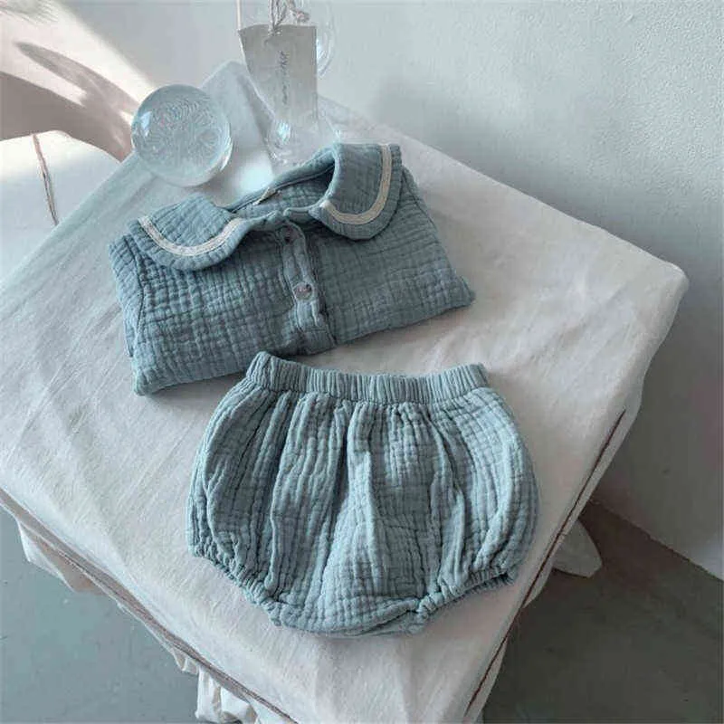 Spring Summer Romper Baby Boy Girl Clothes Set 0-24M Baby Cotton Linen Lapel Navy Style Long Sleeve Shorts Children Sets G220509