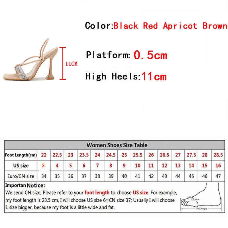 Pantofole New Fashion 11cm Strani tacchi alti Sandali estivi donna Square Open Toe Scarpe con strass di cristallo Rosso albicocca 220321
