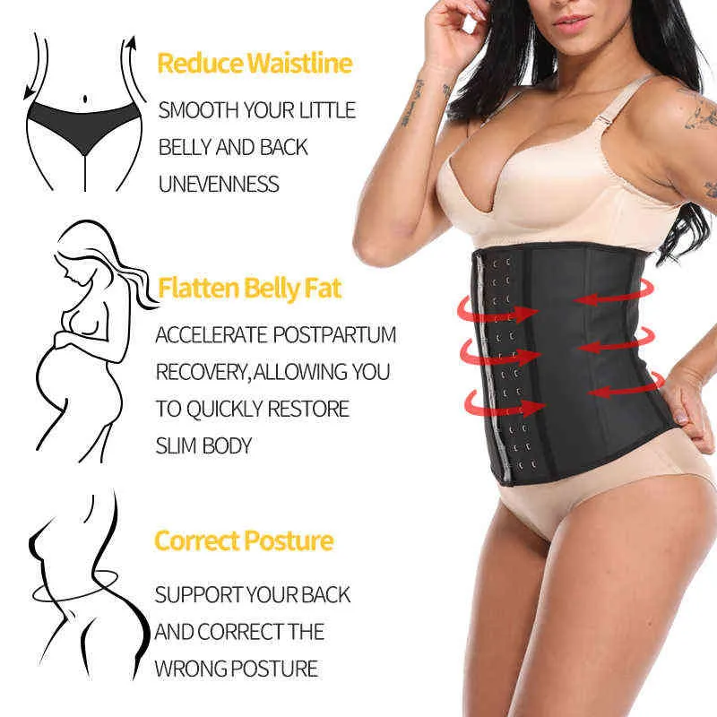 Women Latex Waist Trainer Corset Plus Size Steel Bone Workout Waist Cincher Slim Body Shaper Girdles Long Torso With 3 Hook Rows L220802