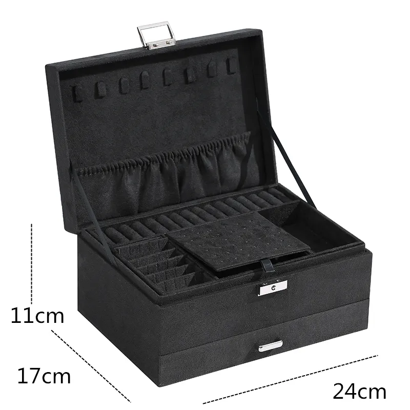 Wij oversized 3-layes zwarte flanel sieradenbox Boite een Bijou sieraden organisator ketting oorringring opbergdoos voor vrouwen geschenken 220727