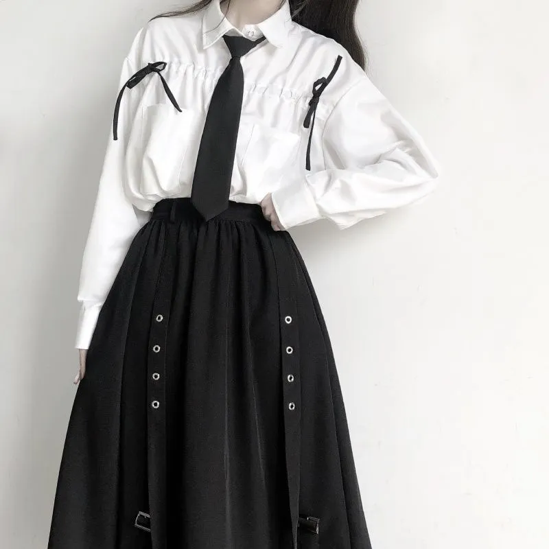 Lente / herfst vrouwen rokken hoge taille student Koreaanse stijl donkere vintage ruche lange A-lijn rok mode 220401