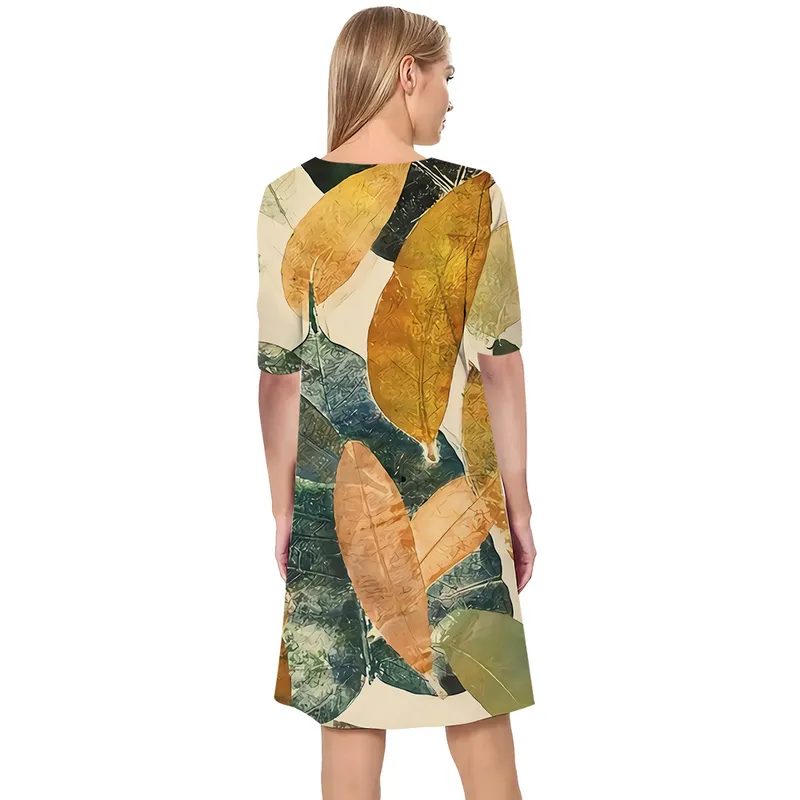Femmes robe Style européen feuilles 3D imprimé col en v ample décontracté à manches courtes robe droite pour les robes féminines régulières 220616