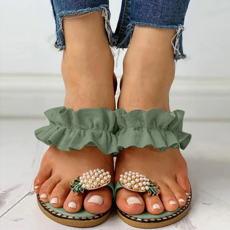 Women Slipper Pine Pearl Flat Toe Bohemian Summer Beach Sandals Ladies Shoes plus size Mujer Verano 220602