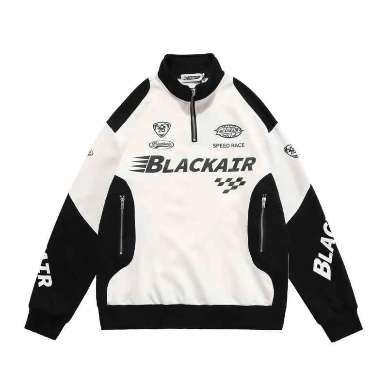 Hommes Veste Rétro Street Racing Moto Costume Mince Lettre Imprimer Demi Fermeture Éclair À Manches Longues Noir Blanc pour Femmes Taille M-xxl