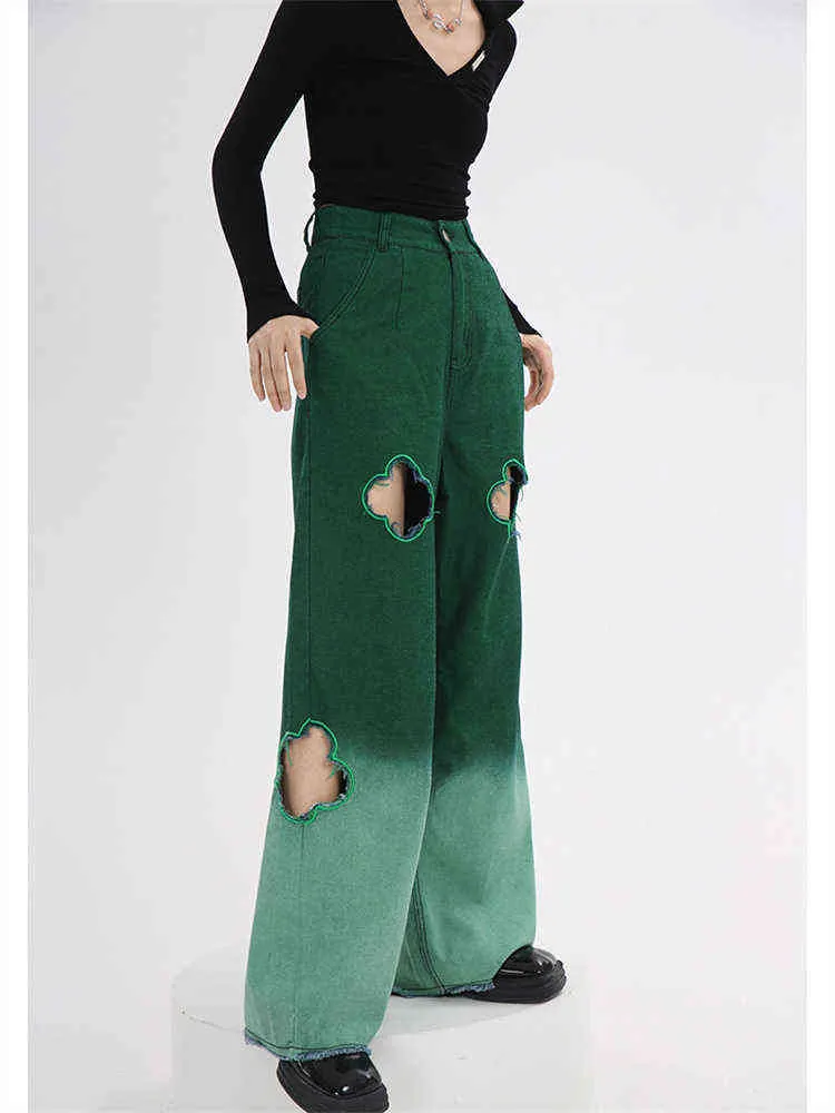 Gradiente gradiente jeans hollow reto jeans feminino primavera e verão novo design solto calças largas calças de perna larga calça jeans fêmea T220728