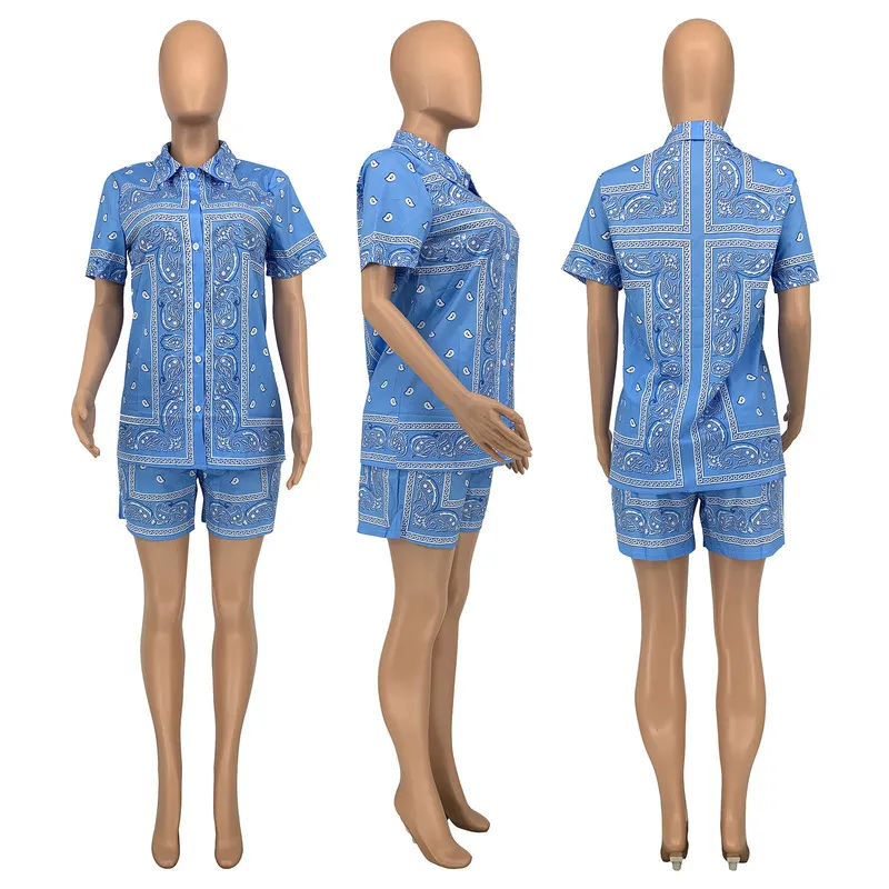 Adogirl Fashion Paisley Bandana Print 2 Tvådelar Set Women Tracksuit Short Sleeve Shirt Shorts Set Female Outfits Matching 220602