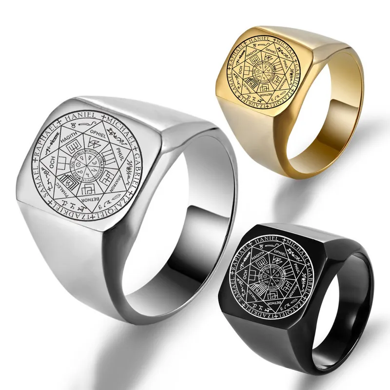 Tätningarna av sju ärkeänglar Rings Protection Amulet Seal Solomon Kabbalah Mens Womens rostfritt stål Polerade bandgåvor 220803