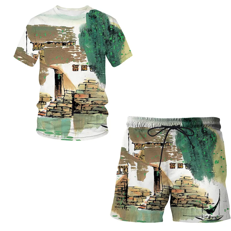 Peinture au pinceau chinois Été Hommes Survêtement 3D T-shirt imprimé Short de sport Costume Casual Manches courtes Pantalon court 2 pièces Ensemble 220624