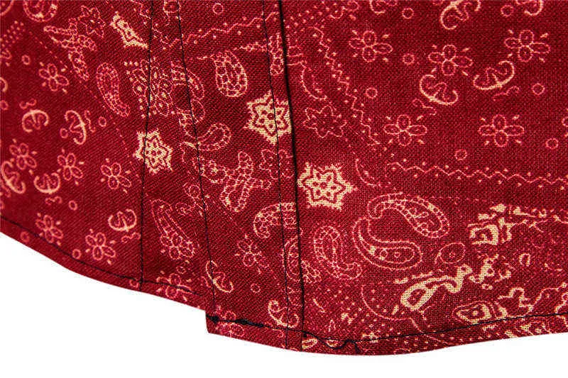 Red Vintage Paisley Floral Print Shirt Men 2022 Brand New Slim Fit Manves Mens Mens Camisas de Linho de Linho de Algodão Men Chemise L220704