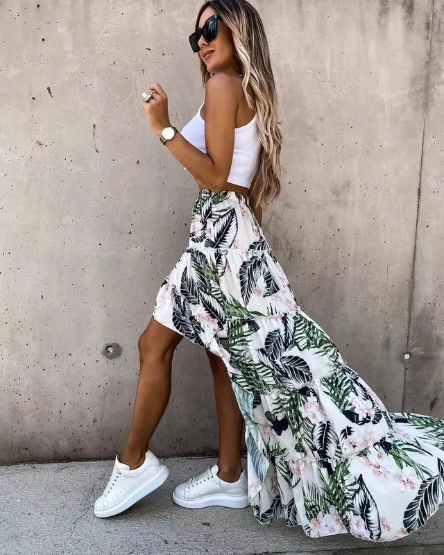 Frühling Böhmischen Frauen Langen Rock Asymmetrische Strand Stil Floral Gedruckt Hohe Taille Damen Casual Rock Ins Röcke Faldas 220611