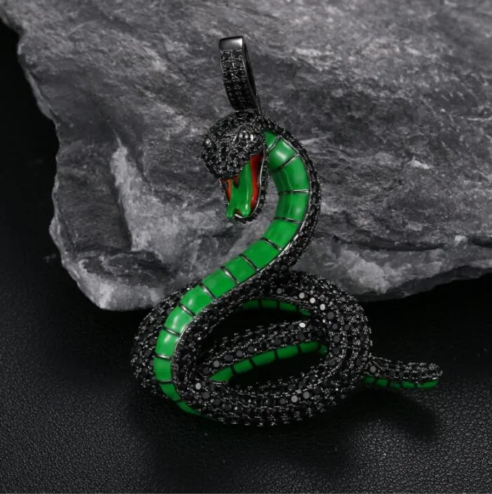 Hip Hop 5A CZ Stone Paved Bling Iced Out Black Cobra Snake Pendants Necklace for Men Rapper Jewelry Gift290s