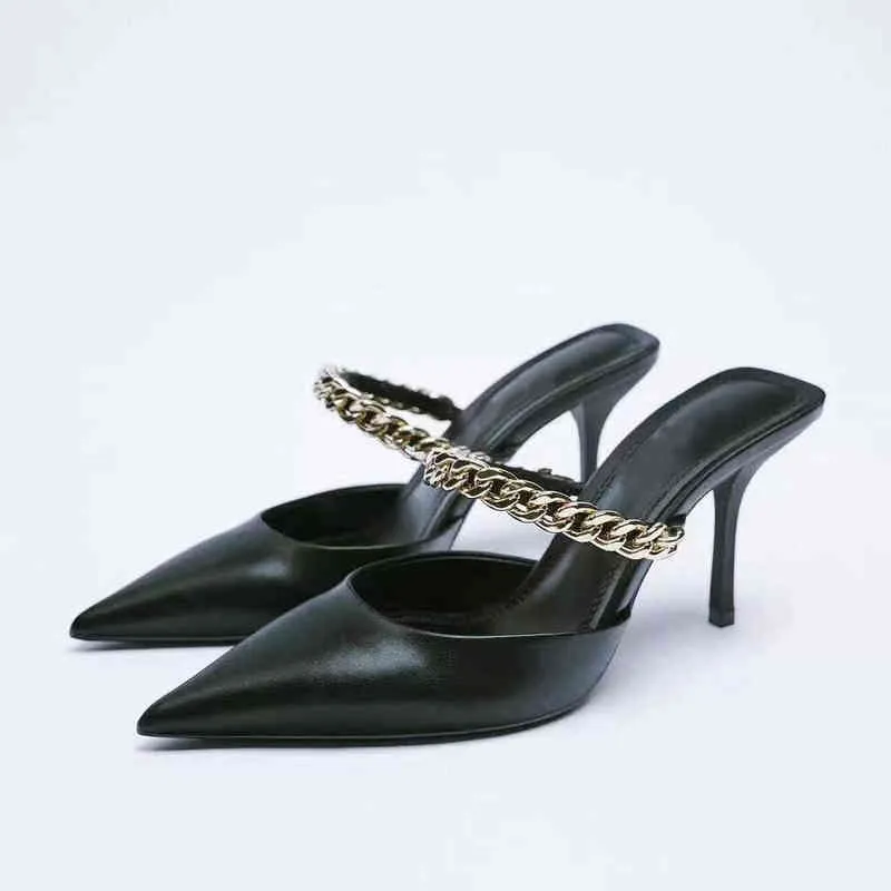 2022 High Quality Women's Shoes Black Chain Trim Slingback Leather Temperament High Heels Pointed Toe Stiletto Women's Shoes G220520