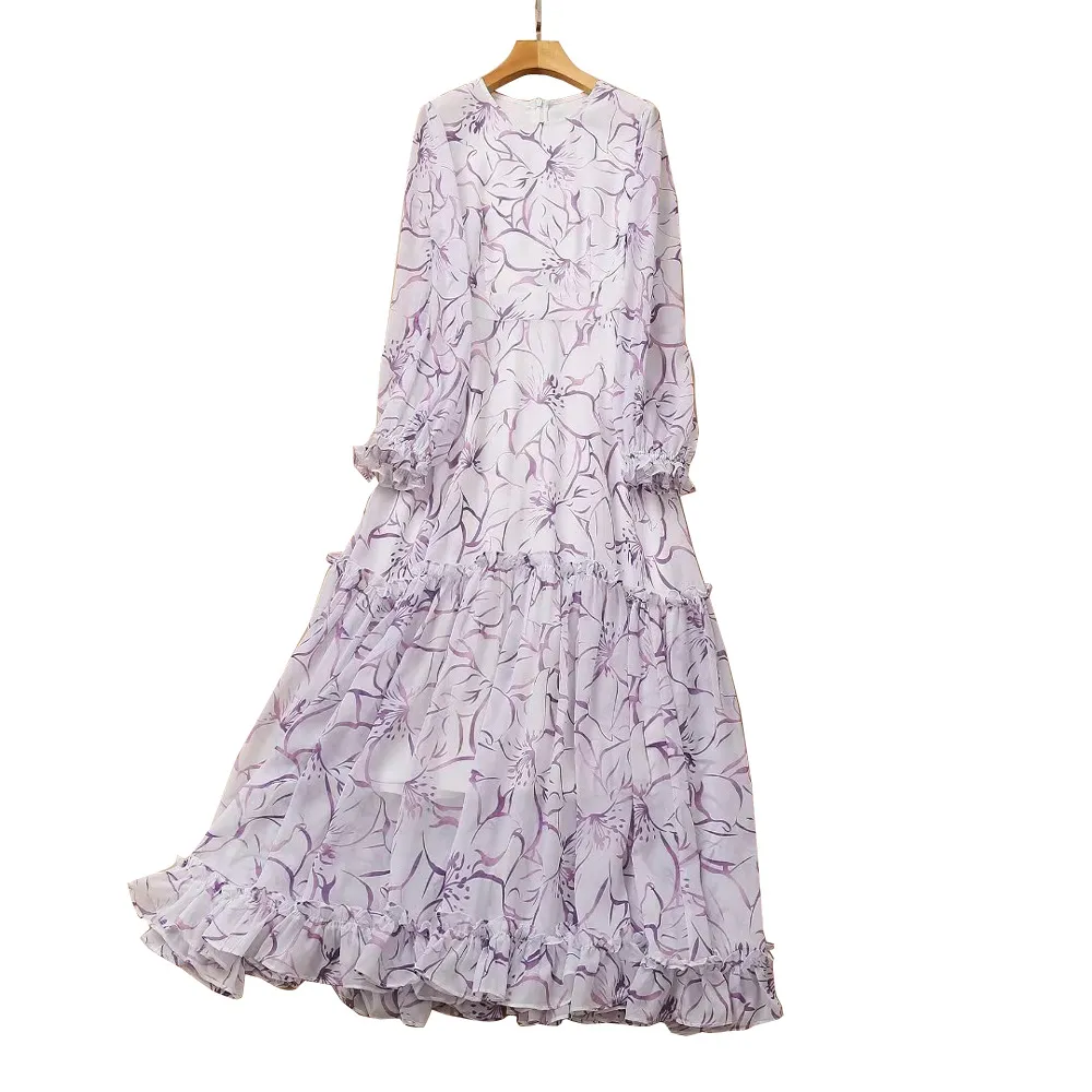 2022 Fall Autumn Long Sleeve Round Neck Lavender Chiffon Print Panelled Long Maxi Dress Elegant Casual Dresses 22G032345 Plus Size XXL