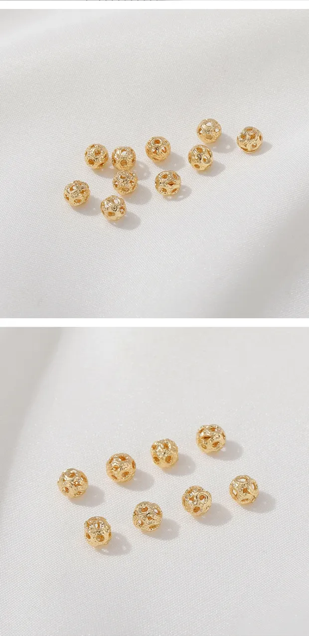 Perline di metallo placcate in oro 14K con ritenzione del colore Scava fuori Piccola sfera di fiori Separato / Sciolto Braccialetto fatto a mano fai-da-te Perle rotonde di accessori collana Materiale