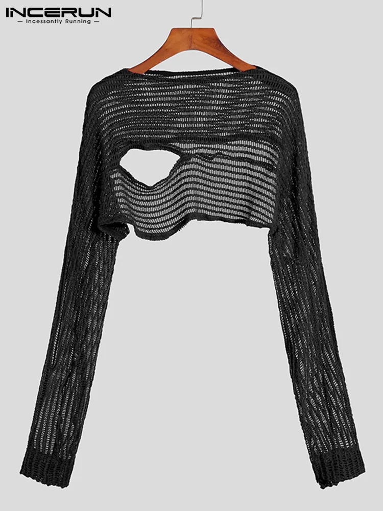 Inderun T Shirt siatka Zobacz przez Oneck Long Rleeve Streetwear puste nieregularne topy z uprawy seksowne ubrania ubrania 220811