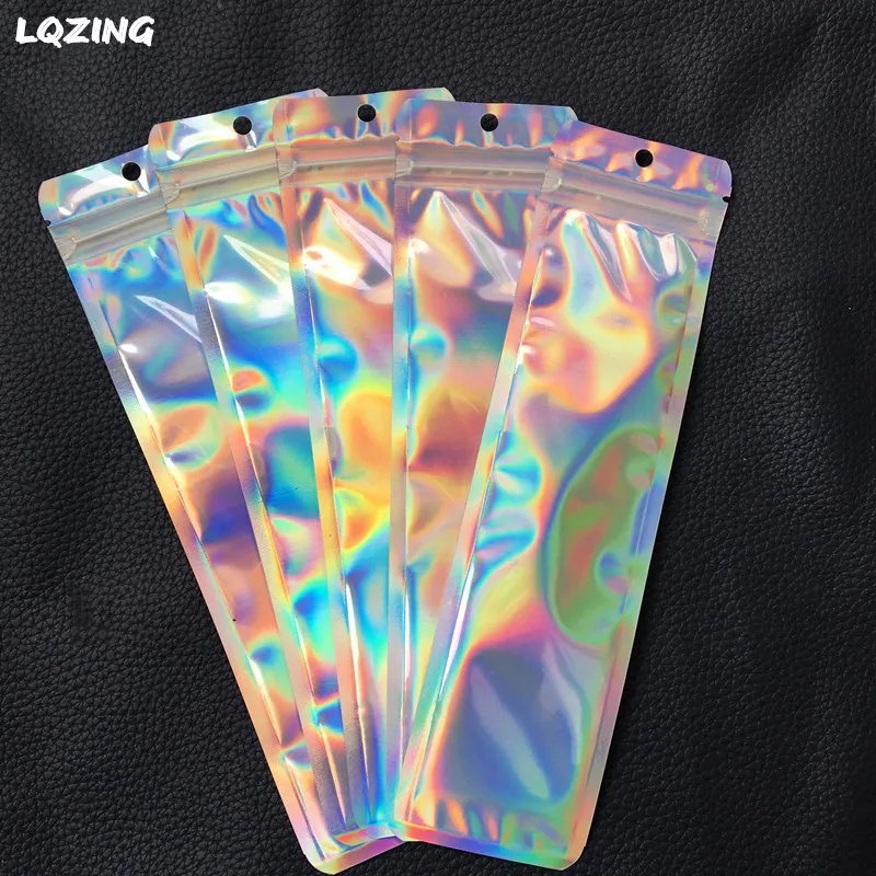 Laser Mylar Holographic Packaging Bags For Lip Gloss Reusable Foil Pouches One Side Clear Cosmetic Package Baggies