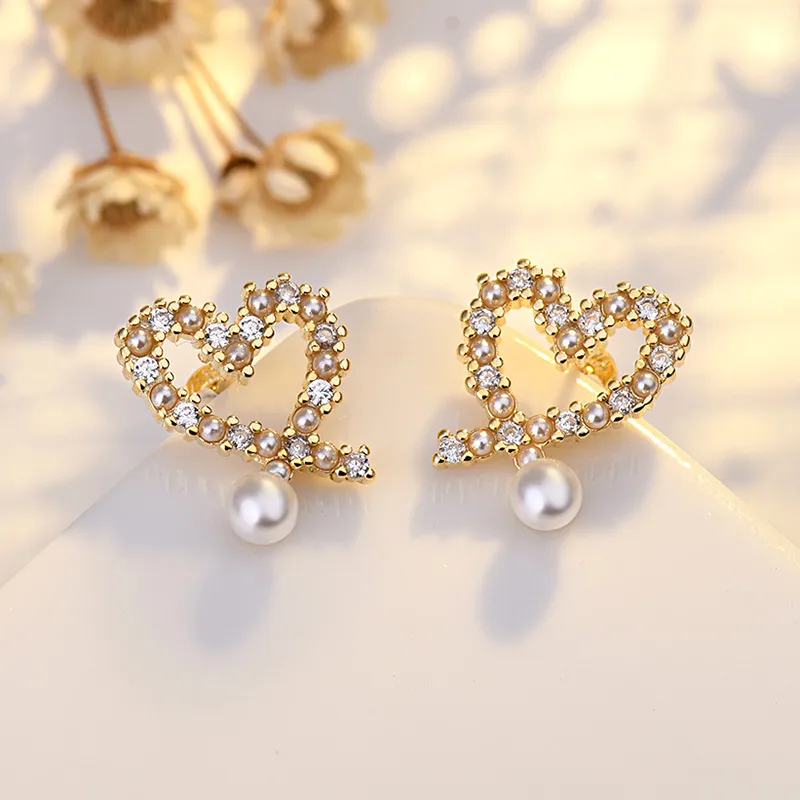925 silver OL sweet love heart stud earrings with shining crystal bling diamond 18K gold luxury pearl designer ear rings earings e2279