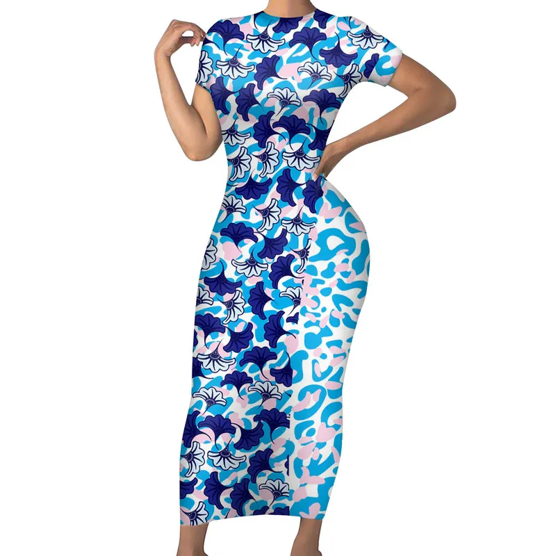 Robe d'été moulante pour femmes, Design Tribal polynésien, Design personnalisé, fond bleu avec fleurs d'hibiscus, 220706