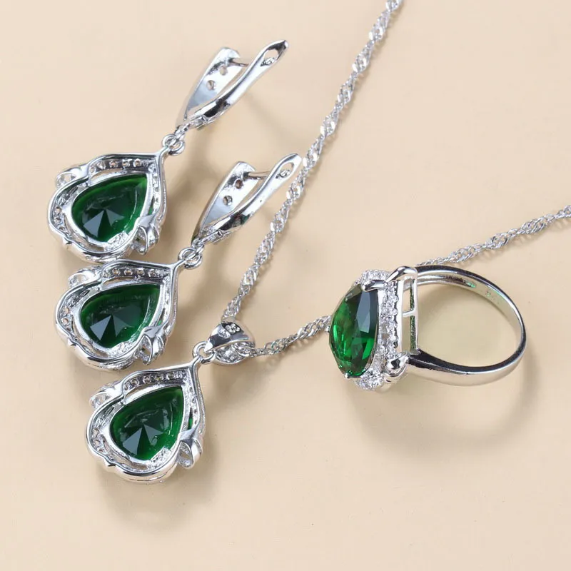 11.11 vente goutte d'eau 925 Mark ensembles de bijoux avec zircon cubique vert costume de mariée collier et boucles d'oreilles pour les femmes mariage 220726