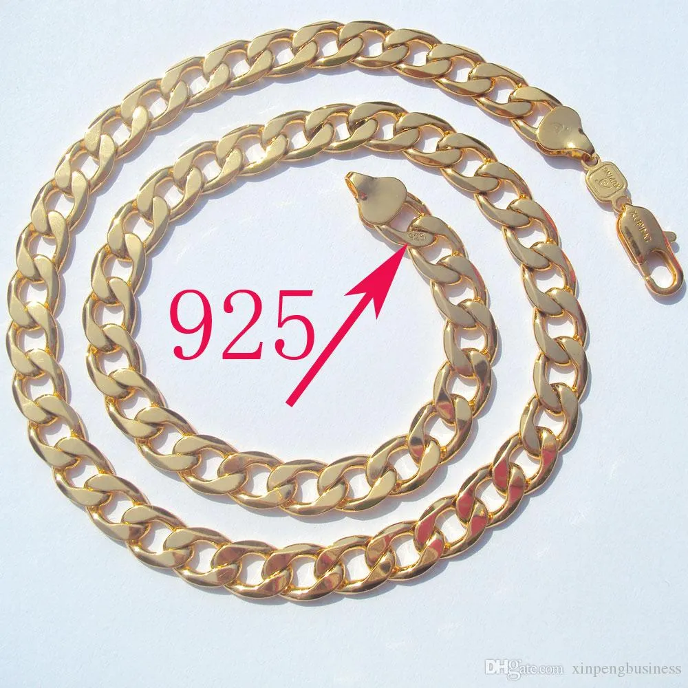 Amberta Stamp 925 Yellow Solid 24k Gold GF Link Chain Mens Curb Cuban Necklace 600 10mm Italy187m