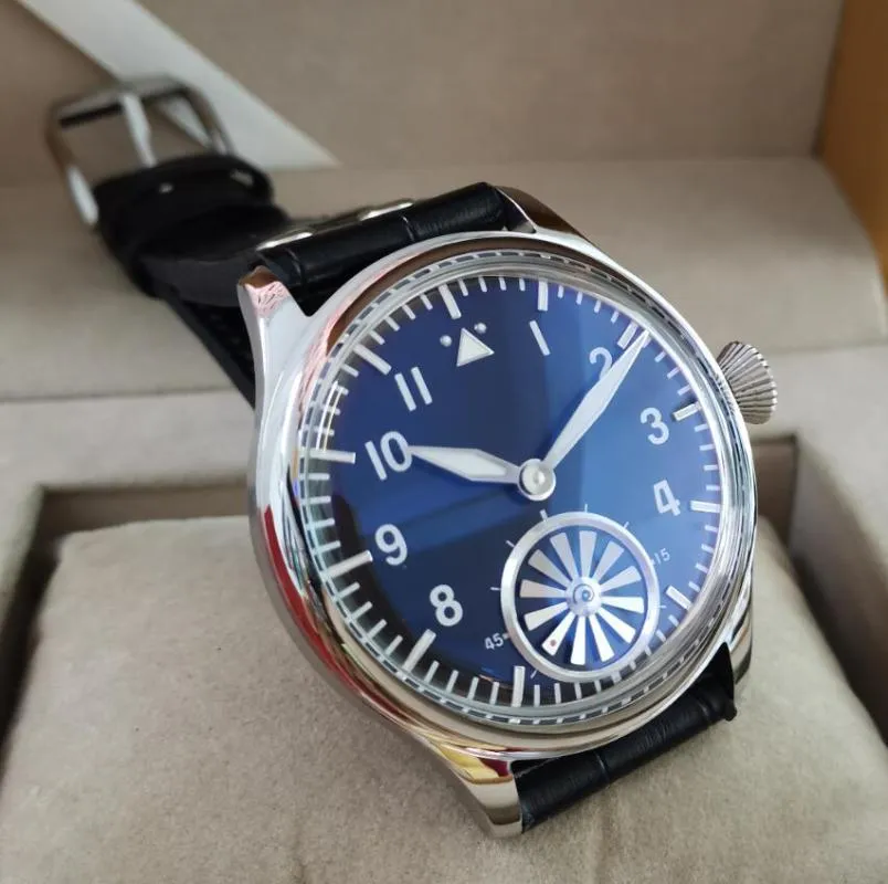 Horloges 44 mm zonder logo Mechanisch handopwindbaar herenhorloge Zwarte wijzerplaat Blauw glas Ardennen Bubble Spiegel Roterende turbine Seagull 243c