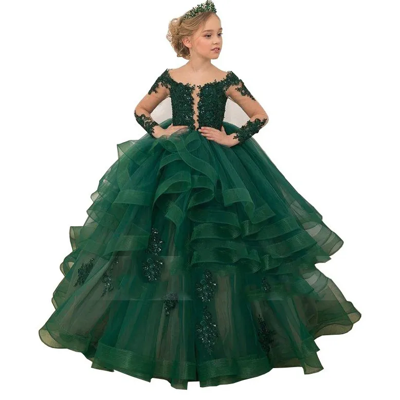 2122 Green Flower Girl Dresses For Wedding Spaghetti Lace Floral Appliques Tiered Skirts Girls Pageant Dress Kids Birthday Party G268T