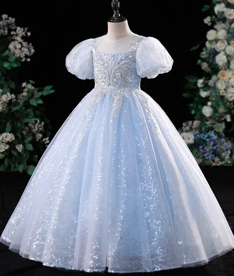 blauw kristal lange bloem meisjes jurk pageant jurken kralen 2022 peuter baby kleding kleine kinderen baby meisje verjaardag kerstjurken