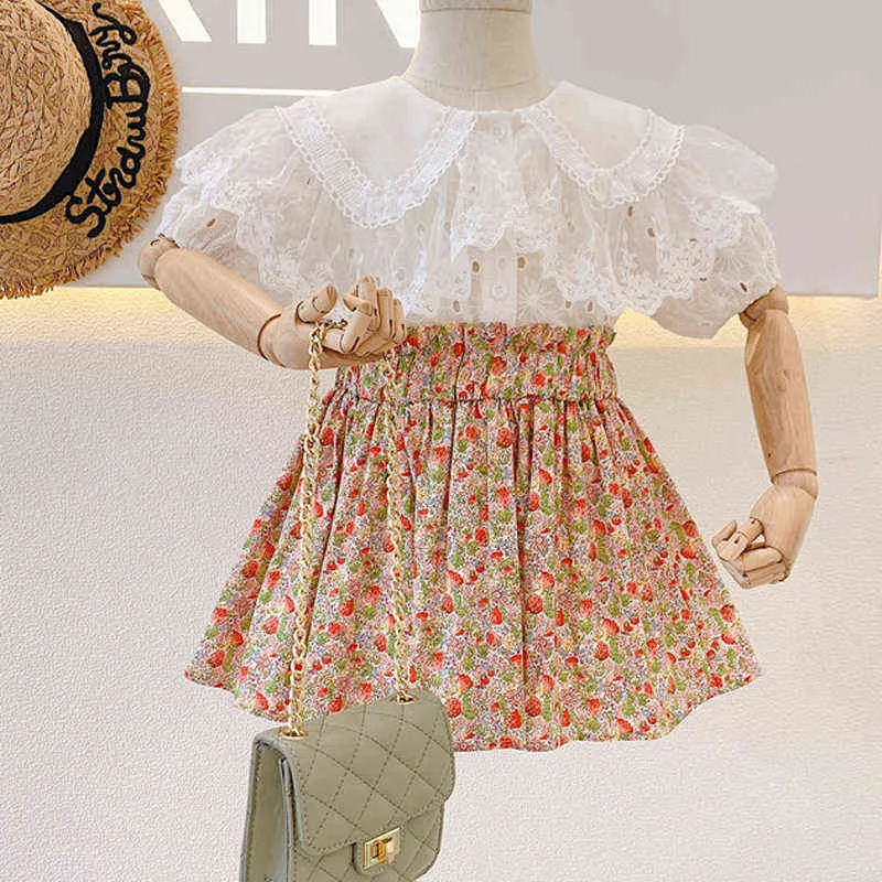 春の夏の女の子の服セットレースラペルトップス+花の短いスカートスーツプリンセス幼児の赤ちゃんの子供の服