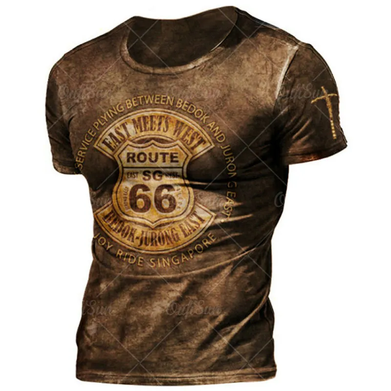 Summer vintage US Route 66 T camisetas para homens 3D Imprimir tops soltos Tees redondo pescoço de manga curta Camiseta confortável Men roupas 220607