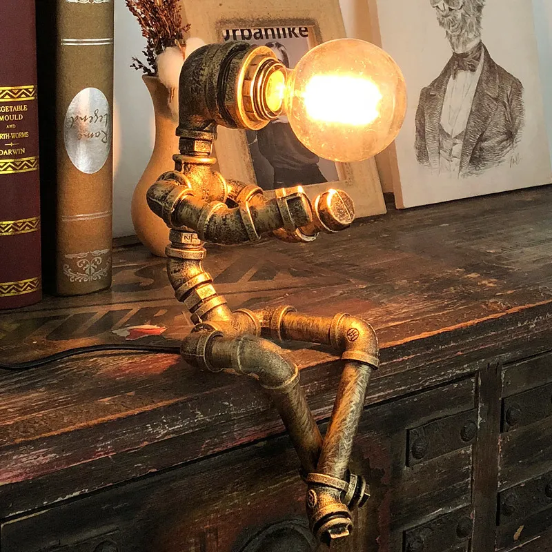 Iron Robot LED Desk Lamps Water Pipe Art Tube LOFT Edison Industry Vintage Table Lights for Coffee Bar Bedroom Night Lighting 220722