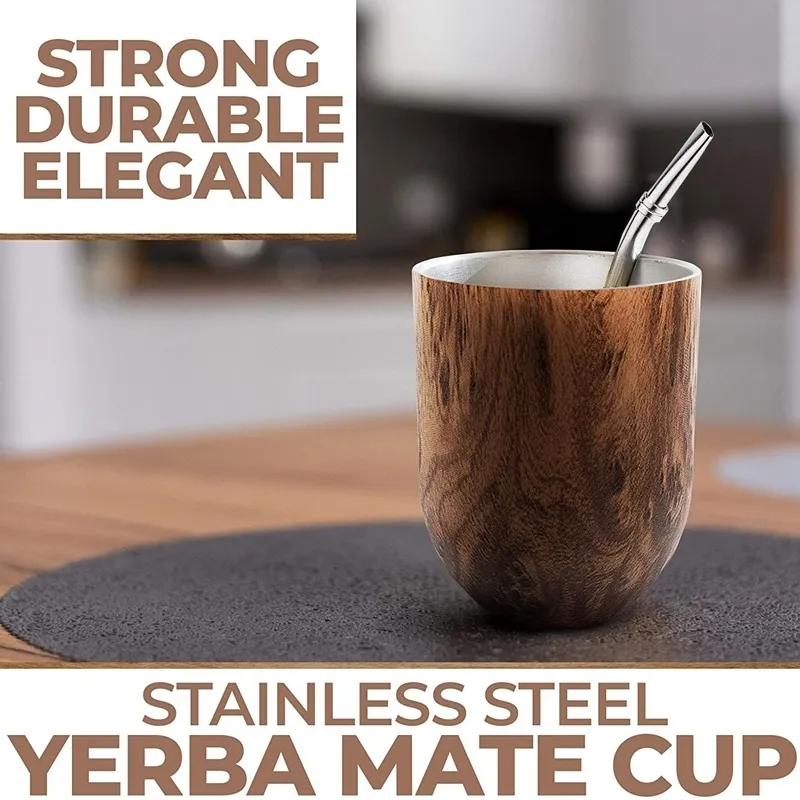 Yerba Mate Gourd Tea Set 12ozdoublewall rostfritt kaffevattenkopp med lock 1 Bombillas Straws Filter SpoonBrush 220611