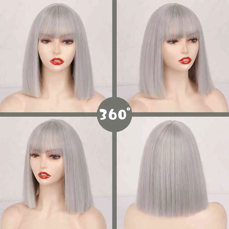 Short Synthetic Silver Gray Bob with Bangs Straight Wigs for Women Cosplay Daily Party Red Blackpink Wig 220622