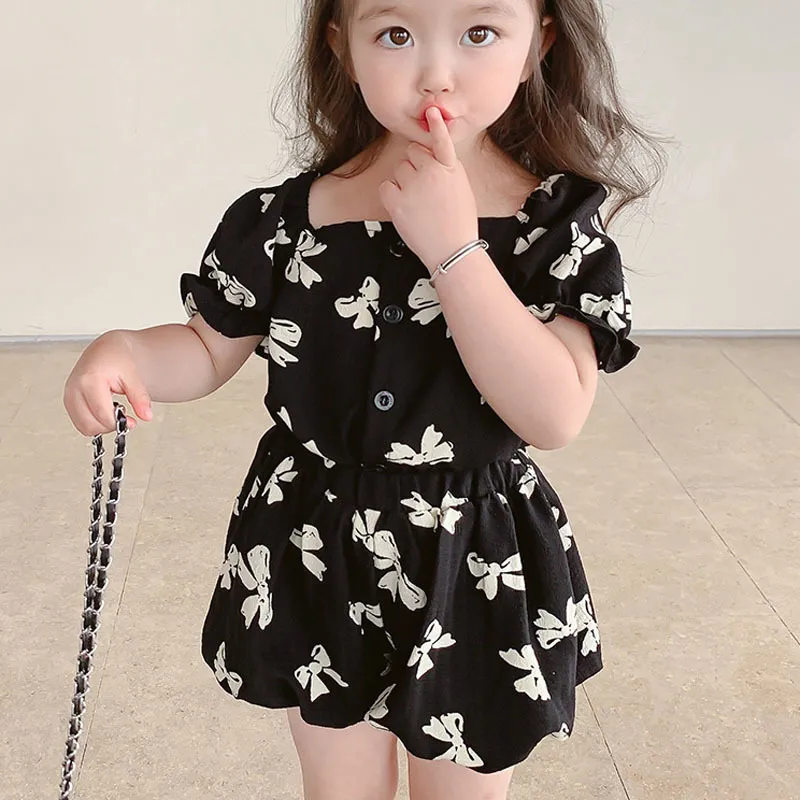 Summer Girls Suit Bow Tie Printing Square Neckline Blouse Shorts Toddler Baby Kids Clothes Children Clothing Sets 220620