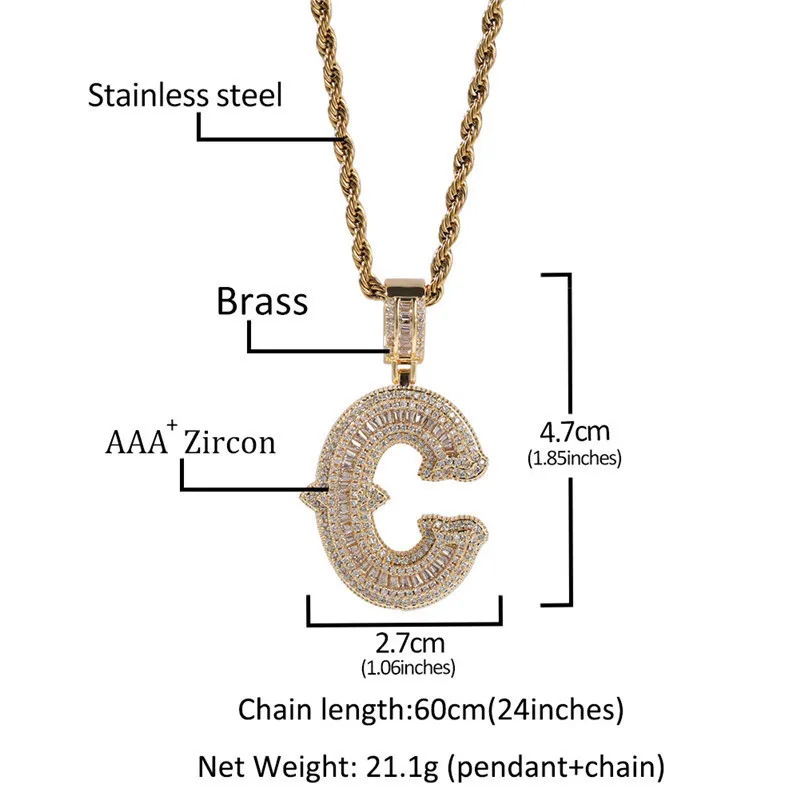Hombres de moda Fashion Nombre personalizado Collar de oro Color de plata de plata Cz Collar colgante con cadena de cuerda de 24 mm de 24 pulgadas242R