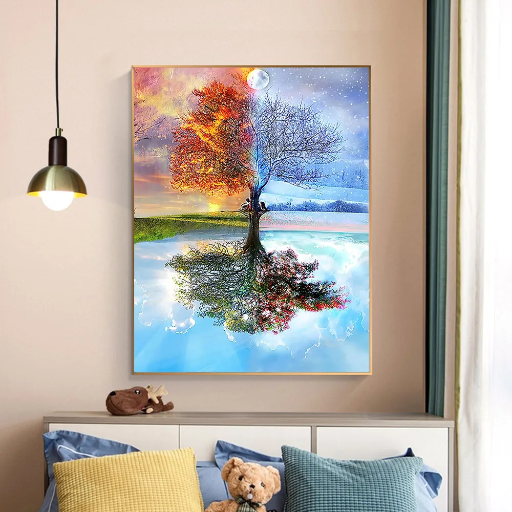 Streszczenie Nordyckie Obrazy ścienne Plakaty ścienne sztuka płótna wydrukuje magiczny obraz czterech sezonów na drzewie na salon dekoracja domu