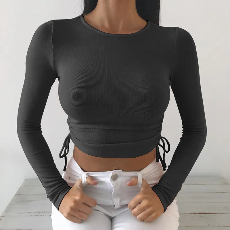 Kvinnor S Slim Casual Base T Shirt Solid Color Long Sleeve O Neck Side DrawString Sticke Rib Crop Top For Ladies Daily Wear 220714