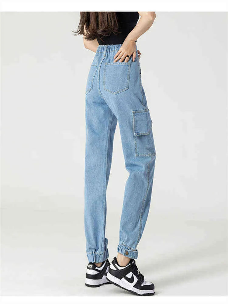 Wysokie pasmo robocze niebieskie dżinsy damskie wiosna lato nowa elastyczna talia luźne szorszowe spodnie haremowe dziewięciopunktowe dżinsowe spodnie Kobieta L220726