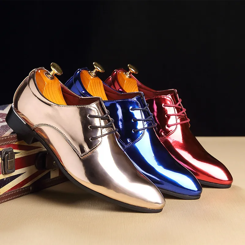 Patent Leather Men Wedding Shoes Gold Blue Red White Oxfords Shoes Designer Pointed Toe Dress Shoes Big Size 37-48 220720