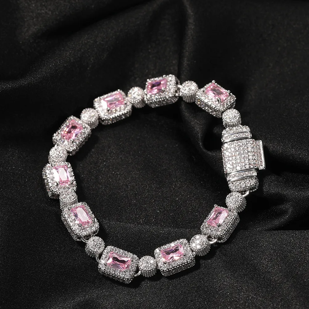 Bracelet de Tennis Hip Hop en cuivre incrusté de Zircon rose pour hommes et femmes, diamant mélangé, 7 pouces et 8 pouces, cristal, accessoires de bijoux, 290m