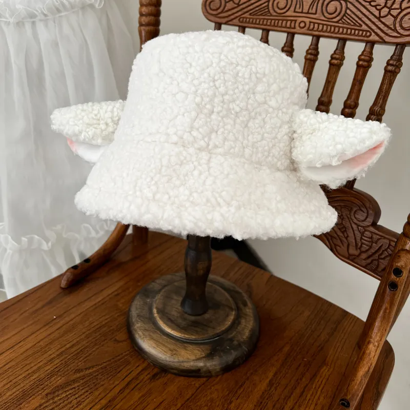 Handmade Sheep Baa Bucket Hat Lolita Cap with Ears Cute Girl Lambswool Material Black White Ear Holiday Gift 220318