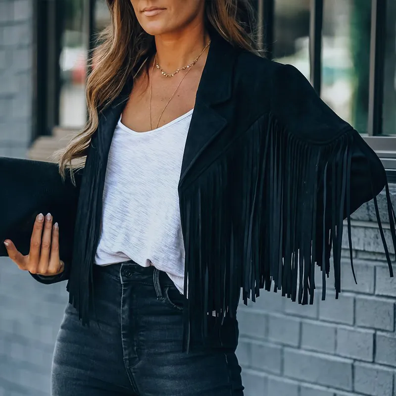 Imcute Womens Vintage Lapel Long Sleeve Fringe Croped Hippie Motor Biker Cardigan Outwears Faux Suede Tassel Jacket 220803