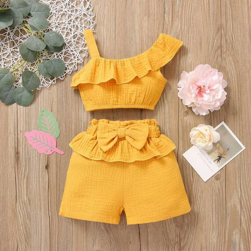 Summer Cute Baby Girls Clothes Sets One Shoulder Ruffles Tops Big Bow Printed Shorts Headband Boutique Kids Clothing Wholesale 220620