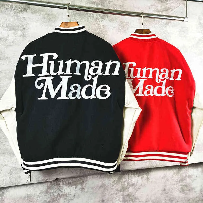 Human Made Jack Girls Don't Cry Love Leather Sleeves Baseball Uniform Men And Women Couple Jacket Humanly Made Sweatshirt T220721 T220721