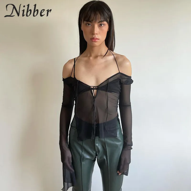 Nibber Malha Ver através das Mulheres Colheita Tops Verão Mangas Longa No Enchido V Pescoço Halter Tops Feminino Praty Nightclub T-shirt 220408