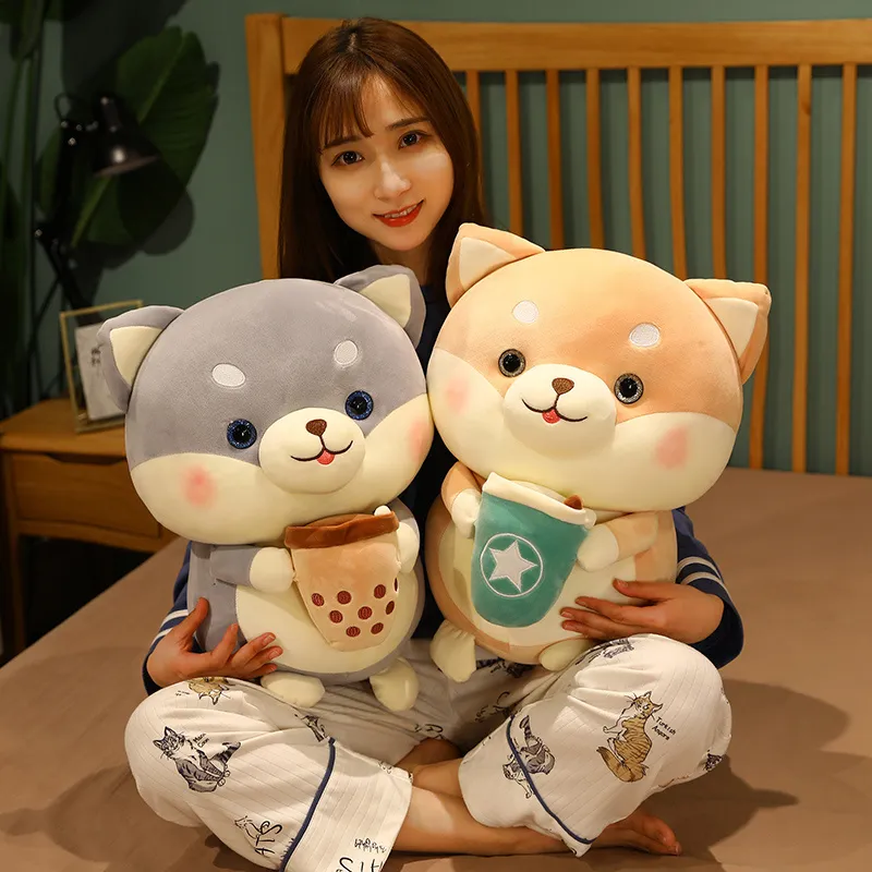 20/35/45 cm Kawaii Shiba inu Dog Holding Bubble Tea Cup Plush Toys Stuffed Soft Animal Pillow Dolls For Girls Birthday Presents 220610