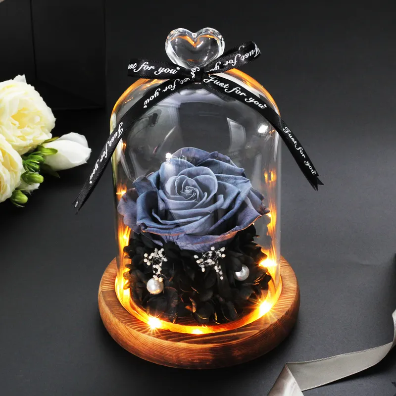 Ornamento di fiori secchi Rosa eterna in cupola di vetro Luci notturne a LED Fiore Decorazioni la casa San Valentino Regalo di Natale 220408