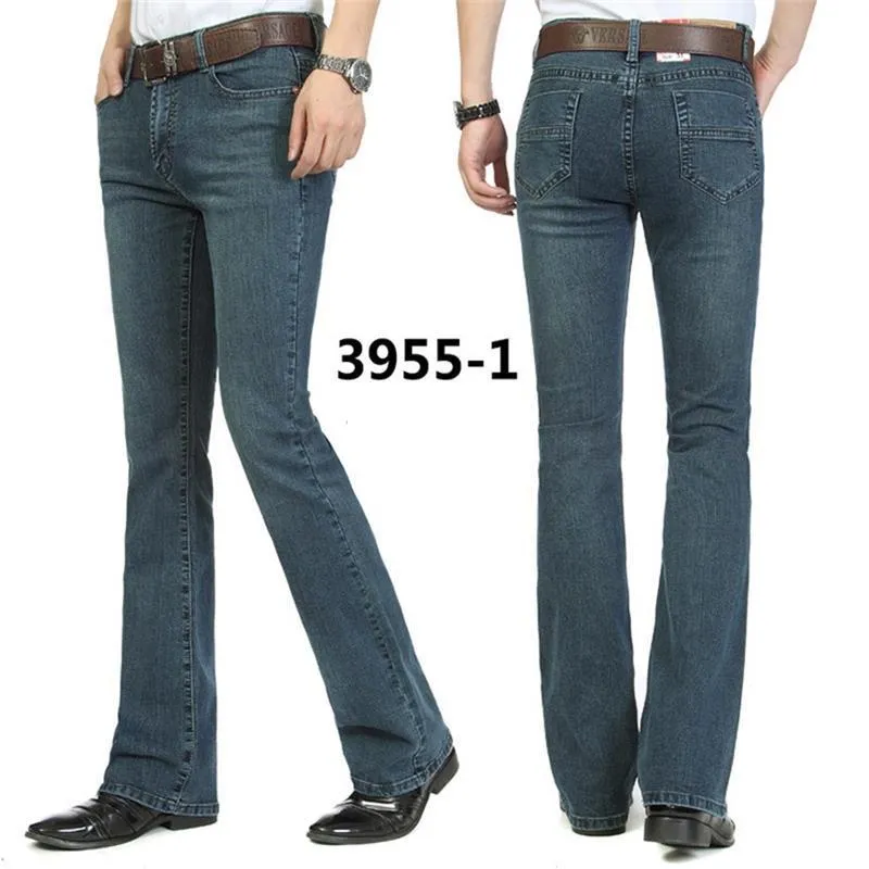 Högkvalitativ och marknadsföring Mäns Mid Midja Elastisk Slim Boot Cut Semi-Flared Bell Bottom Business Casual Jeans Four Seasons 220328