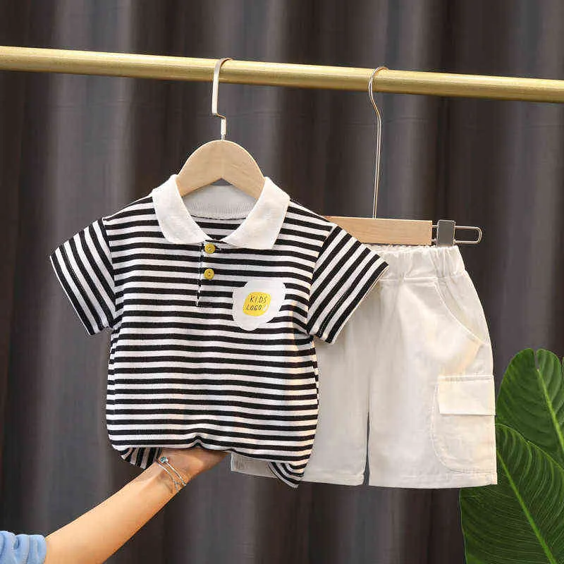 Boys Set Cotton Baby Suit Summer Short Sleeve Casual Children's Top Shorts for Infant Kids Outing Clothes Stripe Fashion G220509