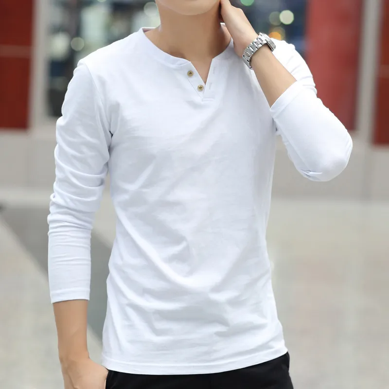 Manches longues automne lin t-shirts mâle décontracté hommes hauts t-shirt Homme mode vcou hauts t-shirt couleur unie blanc coton 220813